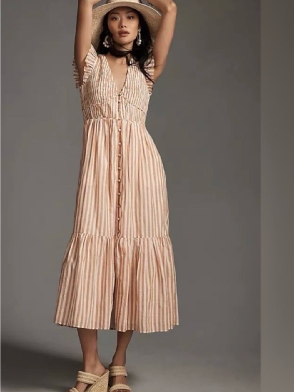Anthropologie Blush and Cream Striped Button-Front Midi Dress